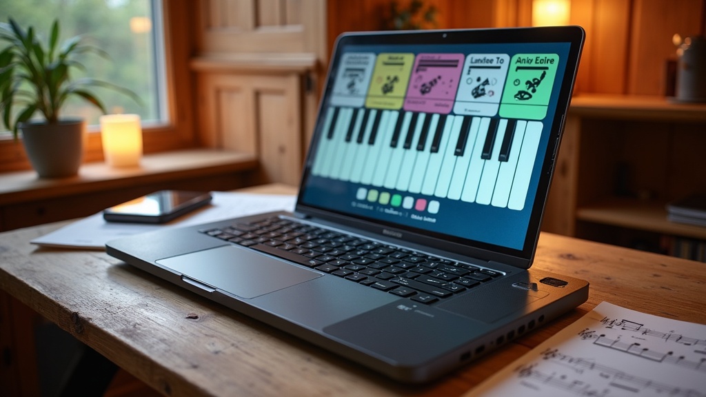 A cozy room with piano, sheet music, and laptop displaying interactive piano lesson app