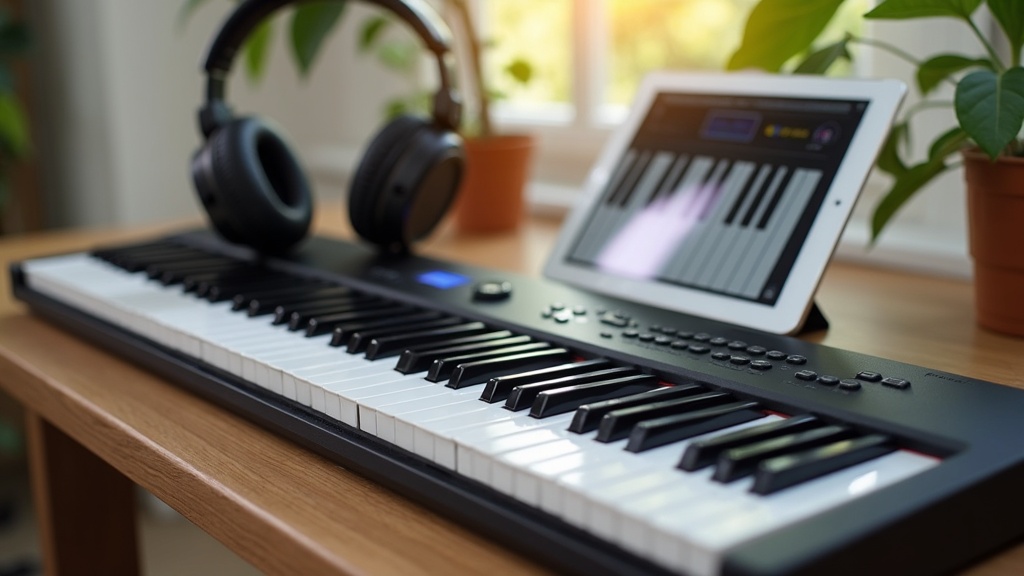 Close-up of a piano keyboard with digital learning elements overlayed.