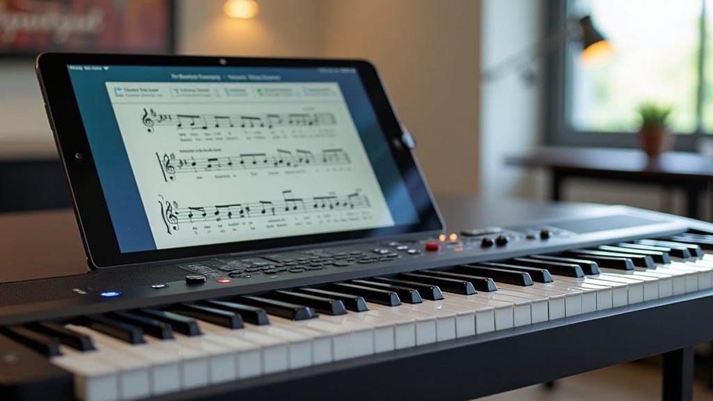 Playground Sessions piano app displayed on screen across a clean, modern digital piano setup in a bright, inviting room