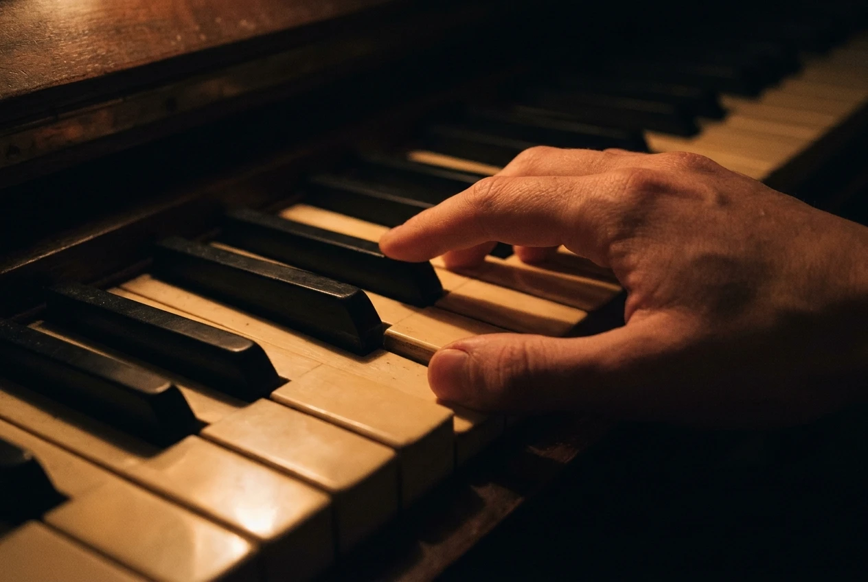 Close view of a piano keyboard in dim candlelight, a pair of fingers pressing C and the F-sharp black key together, with the white keys glowing amber and the rest of the room in deep shadow.