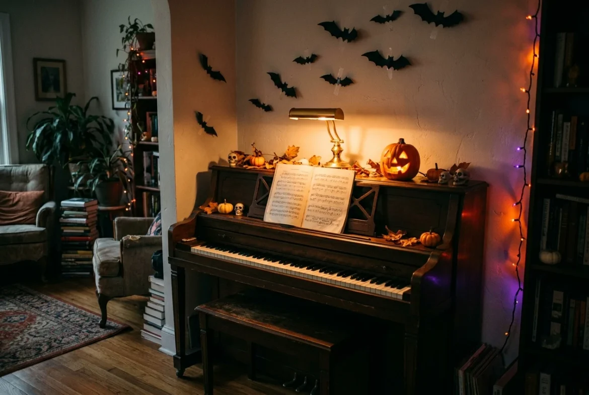 An upright piano in a living room decorated for Halloween: a small carved pumpkin glowing on top, paper bats taped to the wall above, and open sheet music on the stand under a warm lamp