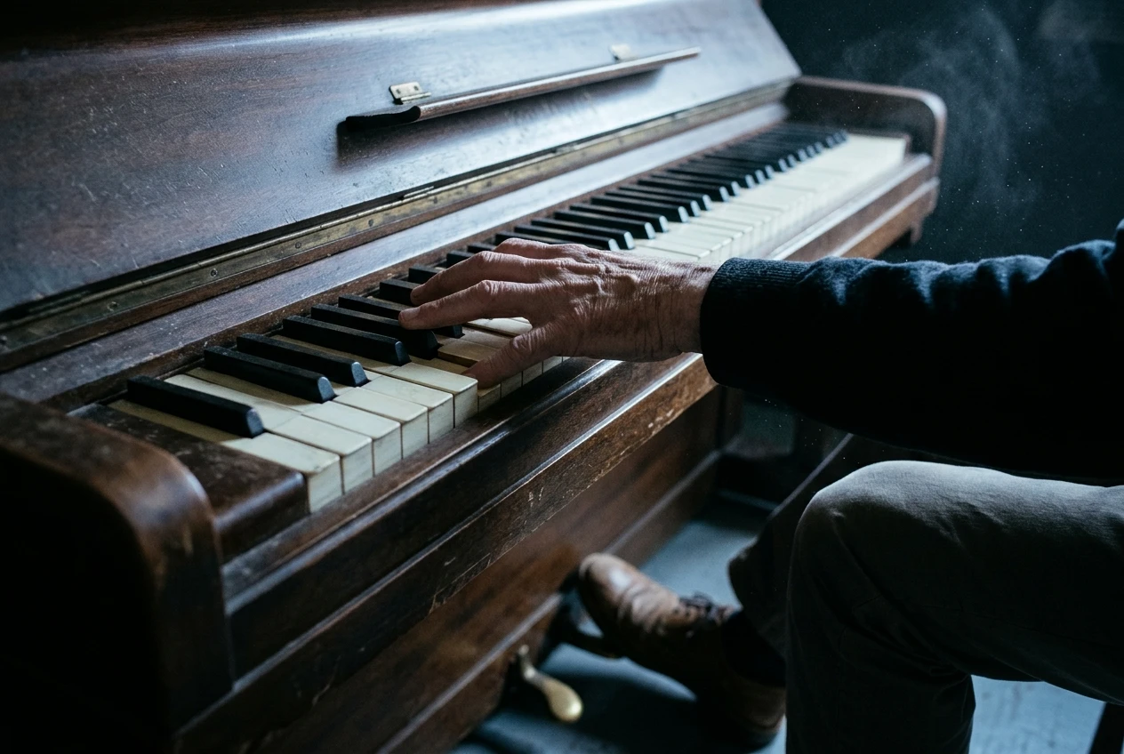 A left hand spread across the lowest keys of a piano, pressing a three-note chord, with the sustain pedal pushed down by a shoe below and a faint mist of dust caught in a cold blue light from the side.