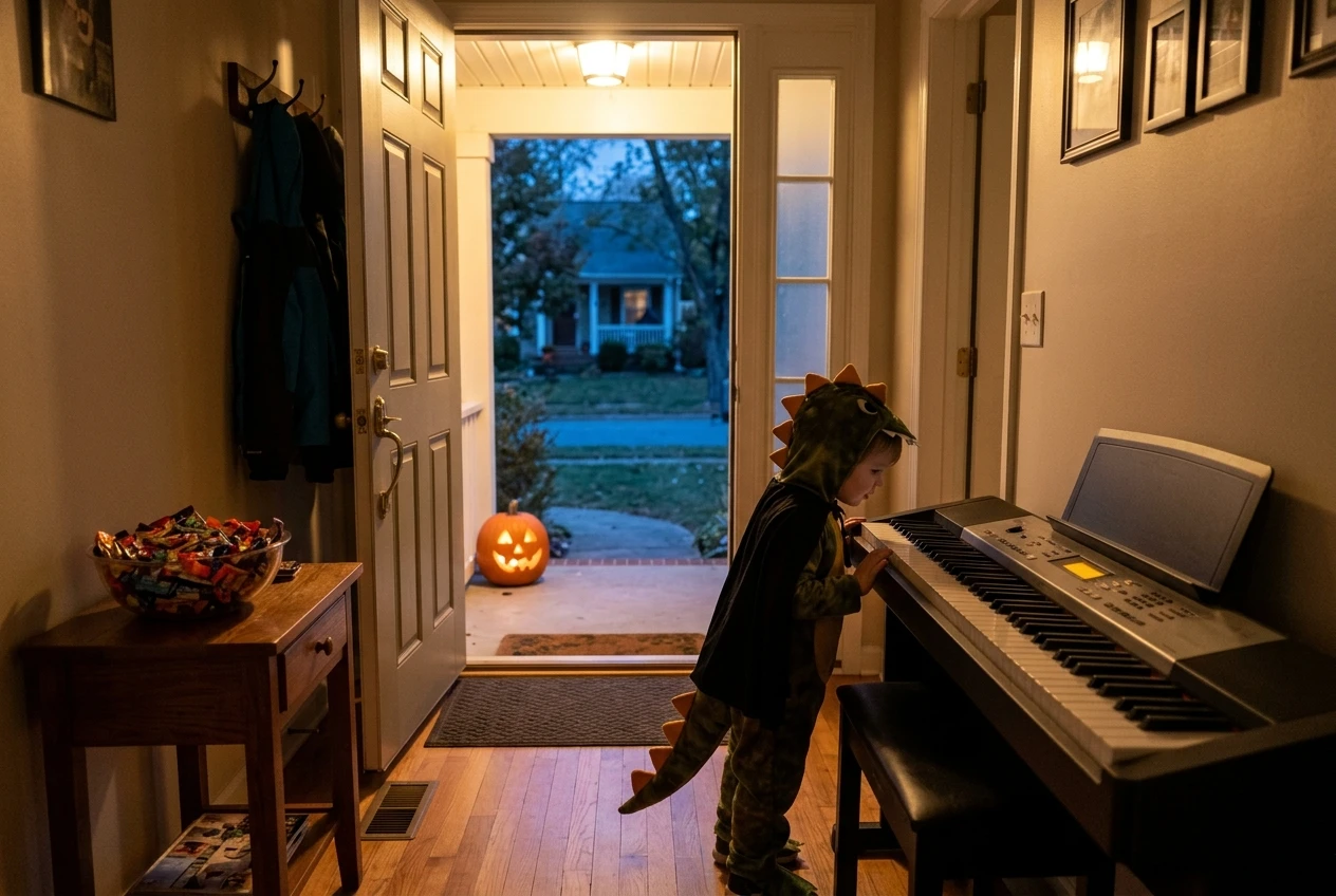 A digital piano near a front door at dusk, a bowl of sweets on a side table, a lit jack-o'-lantern on the doorstep outside, and a small child in a costume peering in at the keys, with warm porch light spilling onto the floor.